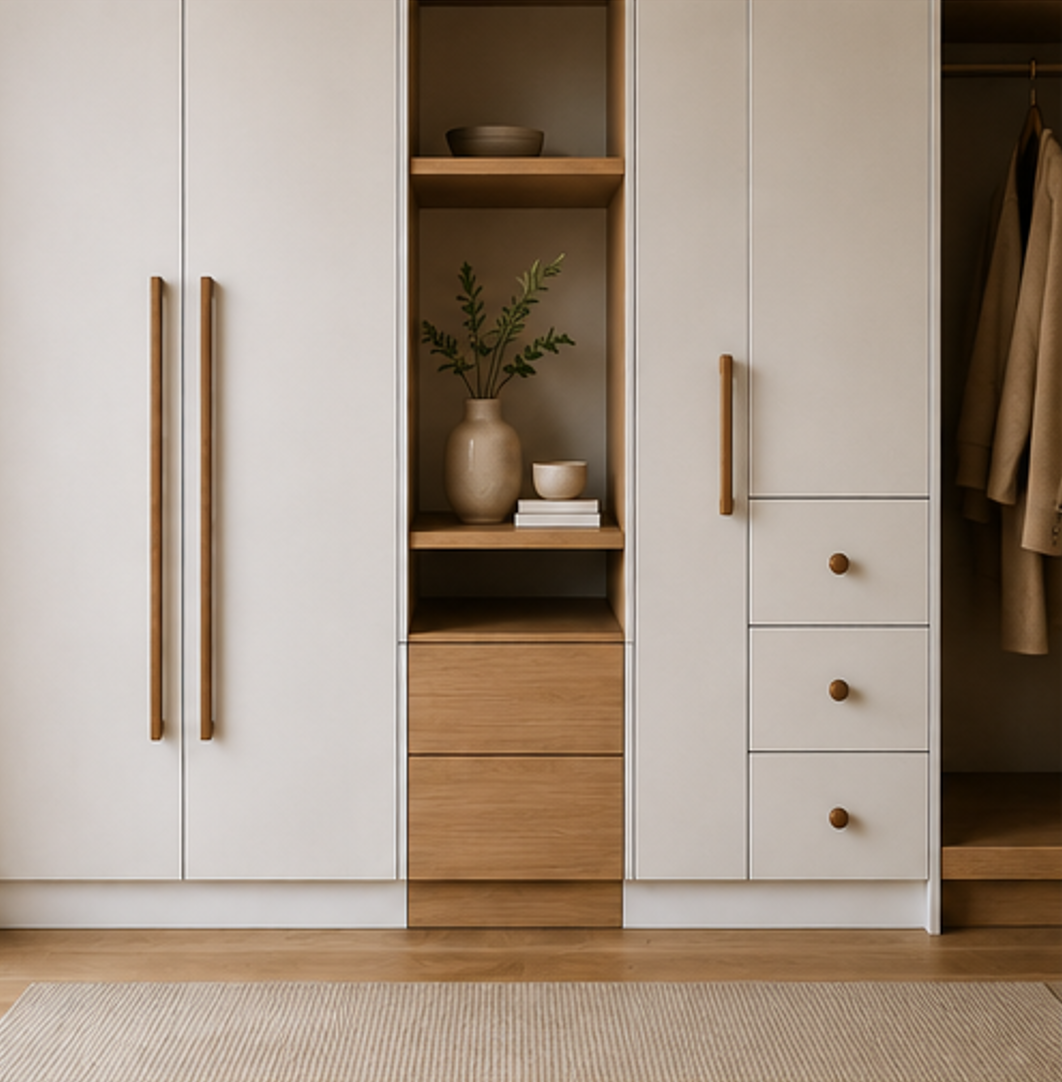 Minimalist cabinetry featuring premium wooden cabinet handles illustrating how hardware elevates interior design