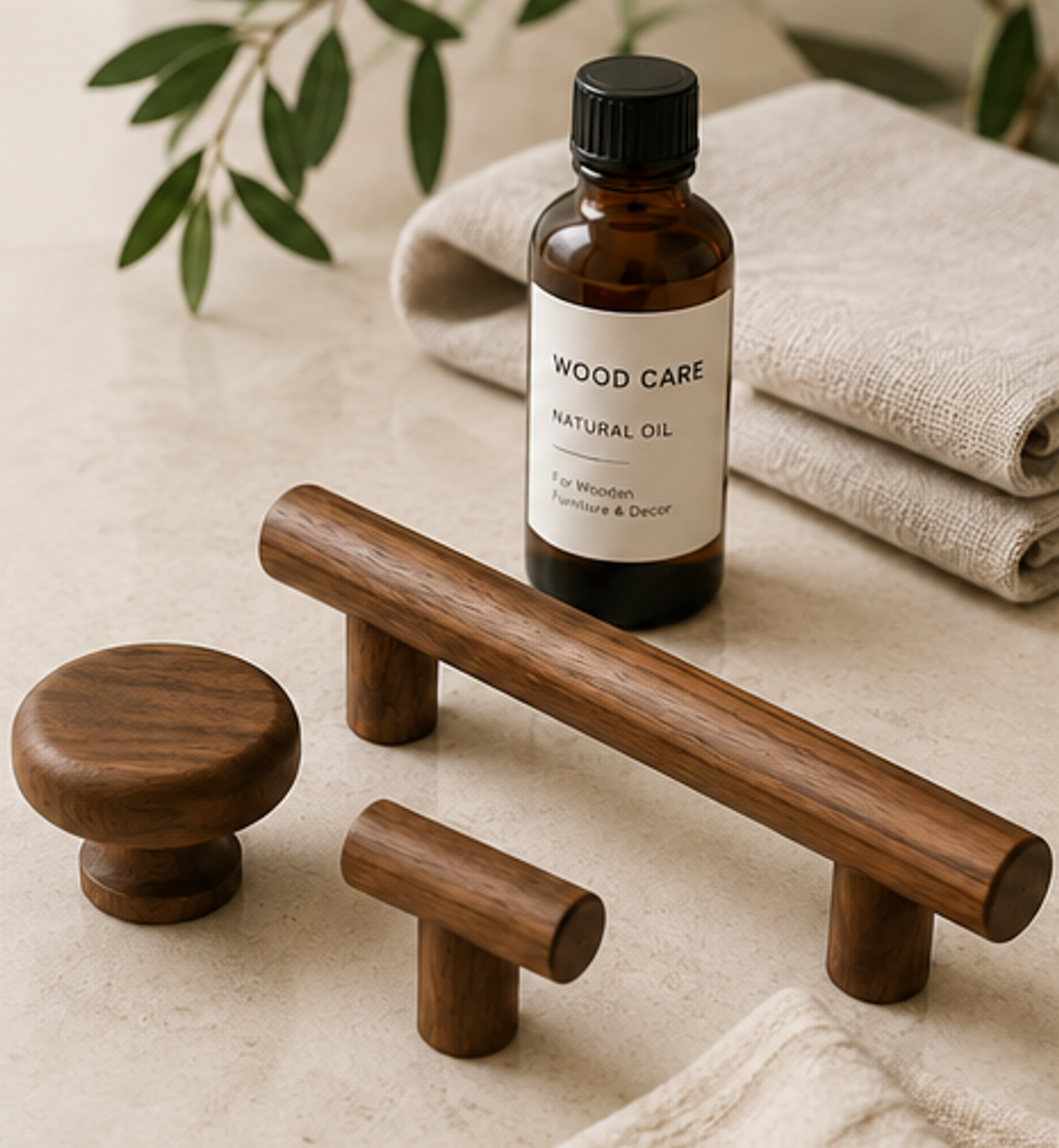 Wooden cabinet handles and knobs with natural wood care oil and soft cloth demonstrating proper maintenance and care.