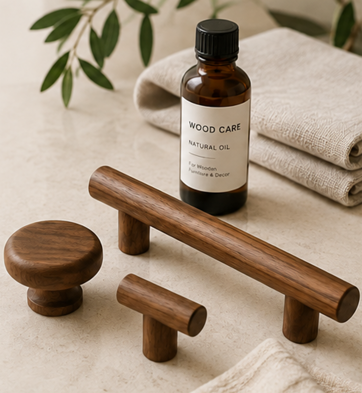 Wooden cabinet handles and knobs with natural wood care oil and soft cloth demonstrating proper maintenance and care.