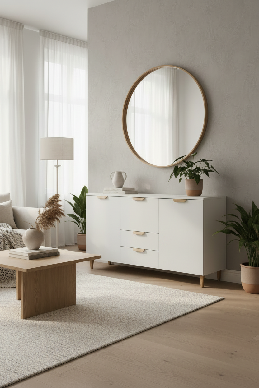 Minimal living room featuring a white sideboard with solid wooden cabinet handles, warm neutral interiors, and contemporary Scandinavian design.